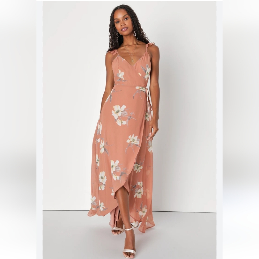 Lulu's All Mine Rusty Rose Floral Print High-Low Wrap Dress/ M.